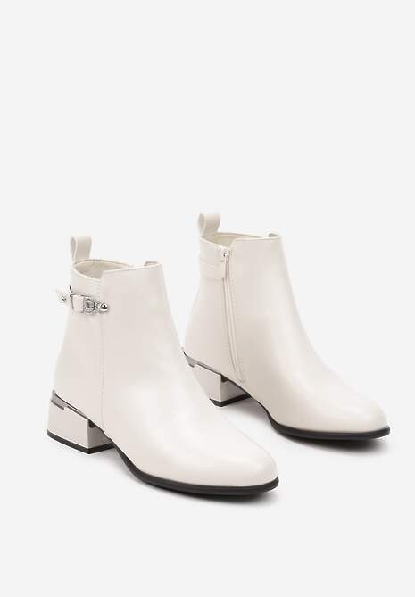 Beżowe Botki na Obcasie w Stylu Sztybletów Ozdobione Metalicznymi Aplikacjami Arhella