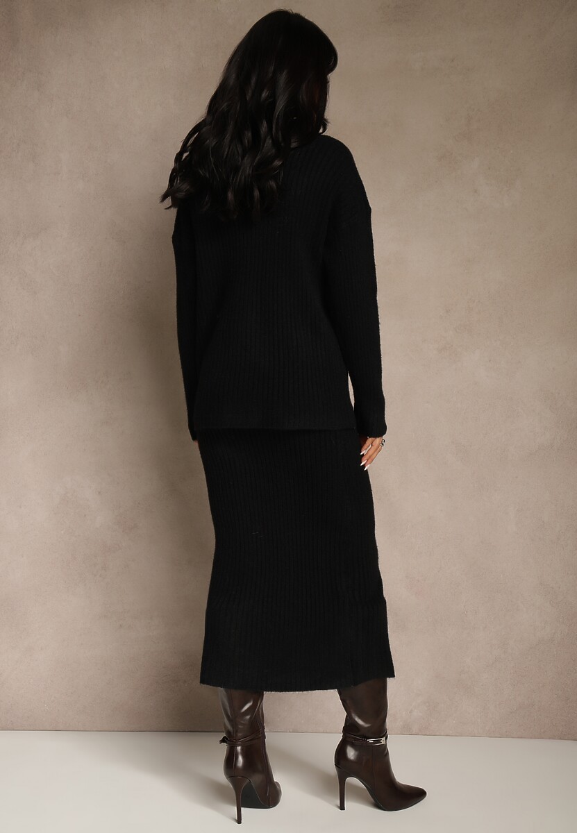 Czarny Komplet z Dzianiny z Wełną w Prążki Golf i Ołówkowa Spódnica Falirea