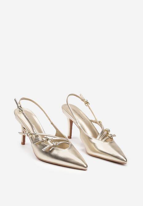 Złote Sandały na Cienkiej Szpilce z Imitacji Skóry z Regulowanymi Paskami Vianara