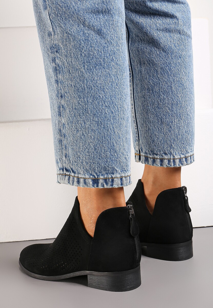 Czarne Botki Sztyblety z Ażurową Cholewką z Wycięciami i Suwakiem ze Skórzaną Wkładką Janetris