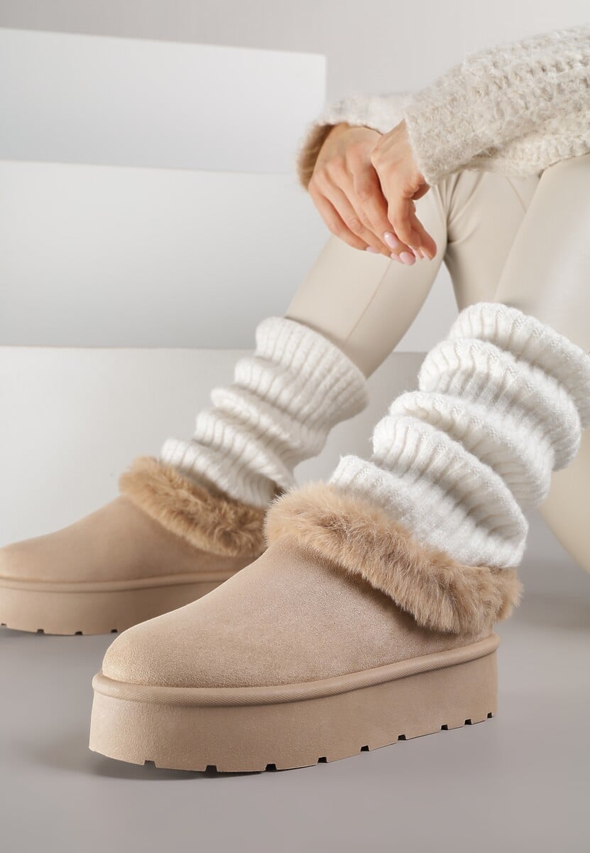 Brązowe Krótkie Śniegowce na Platformie Ozdobione Futerkiem Sewlara