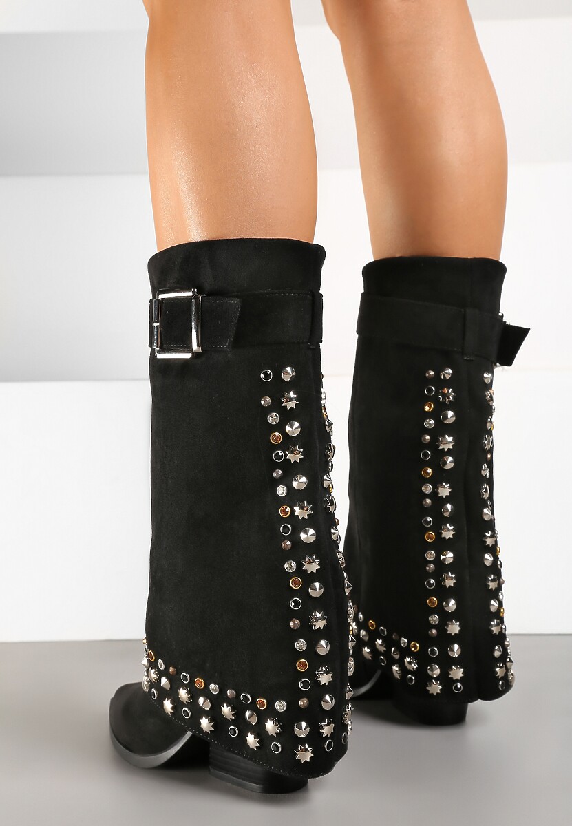 Czarne Ekozamszowe Kozaki na Obcasie z Cholewką Imitującą Nogawkę Ozdobioną Nitami Sagiyana