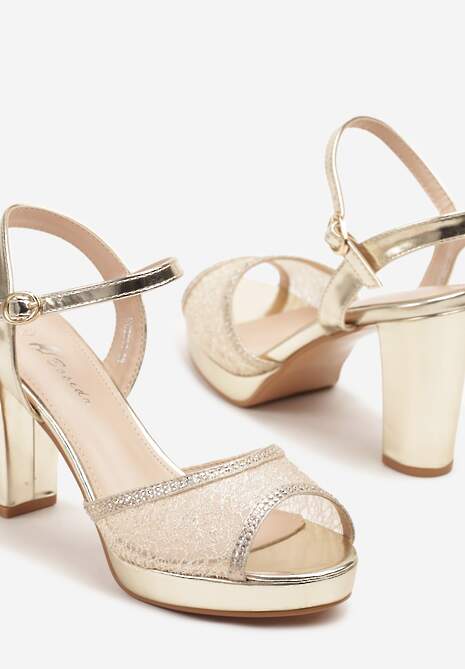 Złote Sandały na Słupku z Cyrkoniami i Koronką Sovriza