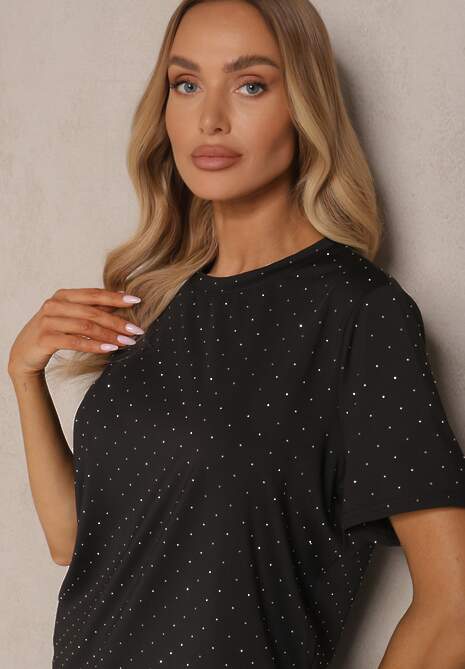 Czarny T-shirt z Wiskozą Ozdobiony Cyrkoniami Sanelisea