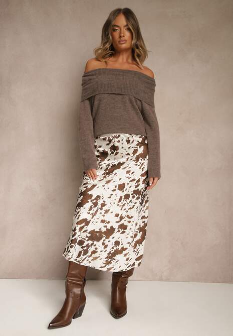 Brązowa Spódnica z Satynowej Tkaniny Zdobiona Krowim Printem Kolorea