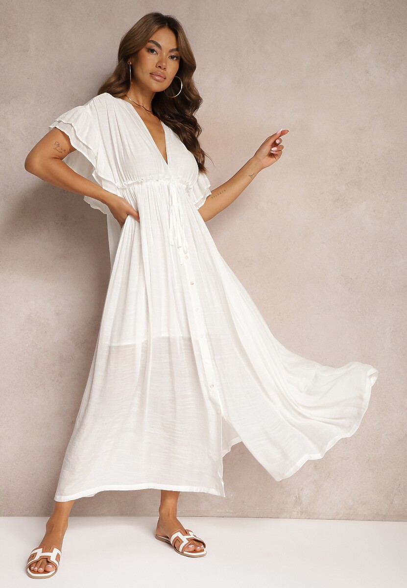 Czerwona Bawełniana Sukienka z Gumką w Talii i Falbankami Rivatia