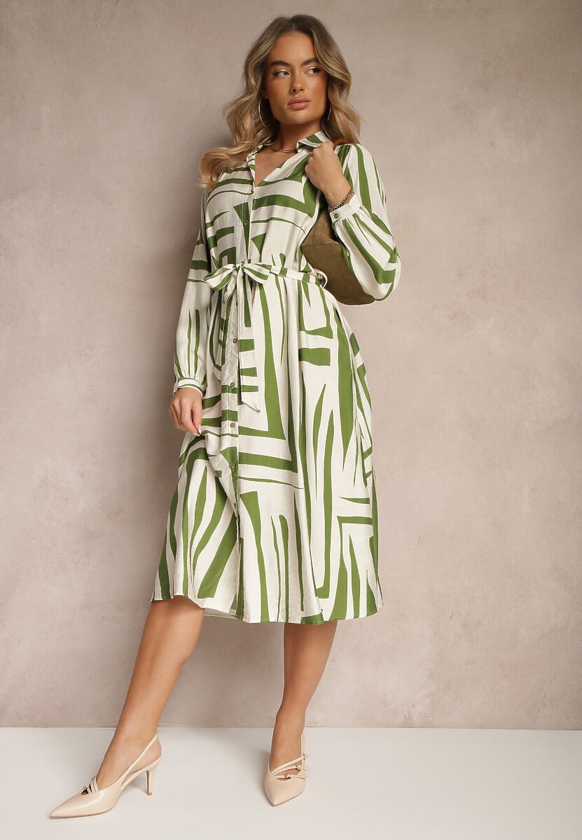 Zielona Sukienka z Wiskozą o Koszulowym Kroju w Geometryczny Print Ninatria