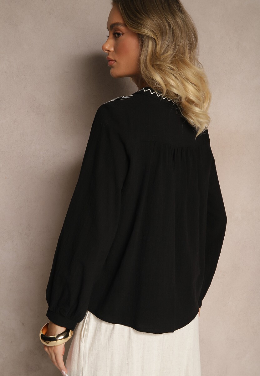 Czarna Bawełniana Koszula Boho z Haftowanym Wzorem Gonniva