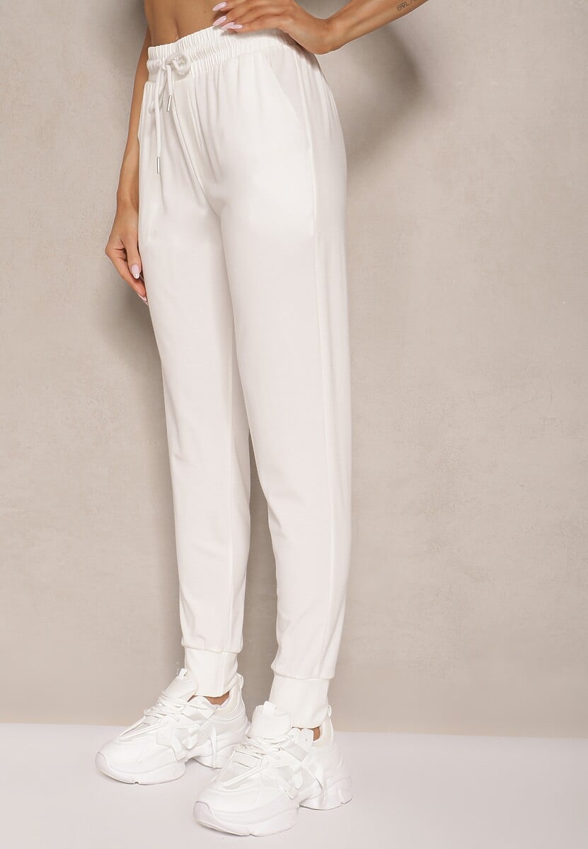 Białe Spodnie Dresowe z Wiskozą High Waist Ozdobione Sznurkiem Ellivenna