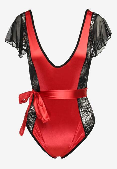 Czerwone Satynowe Body z Koronką i Paskiem w Talii Lierie