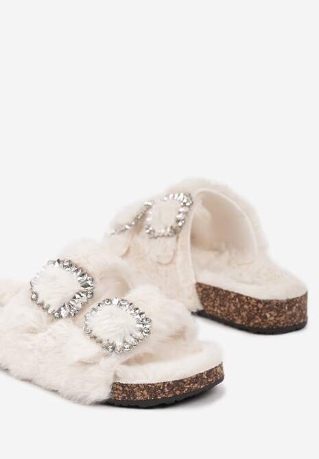 Jasnobeżowe Kapcie na Płaskiej Podeszwie z Futerkiem Cyrkoniami i Klamrami z Regulacją Arvela
