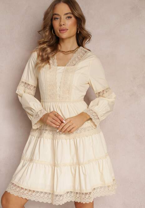 Beżowa Rozkloszowana Sukienka Mini z Ozdobnym Dekoltem z Koronką Eudovana