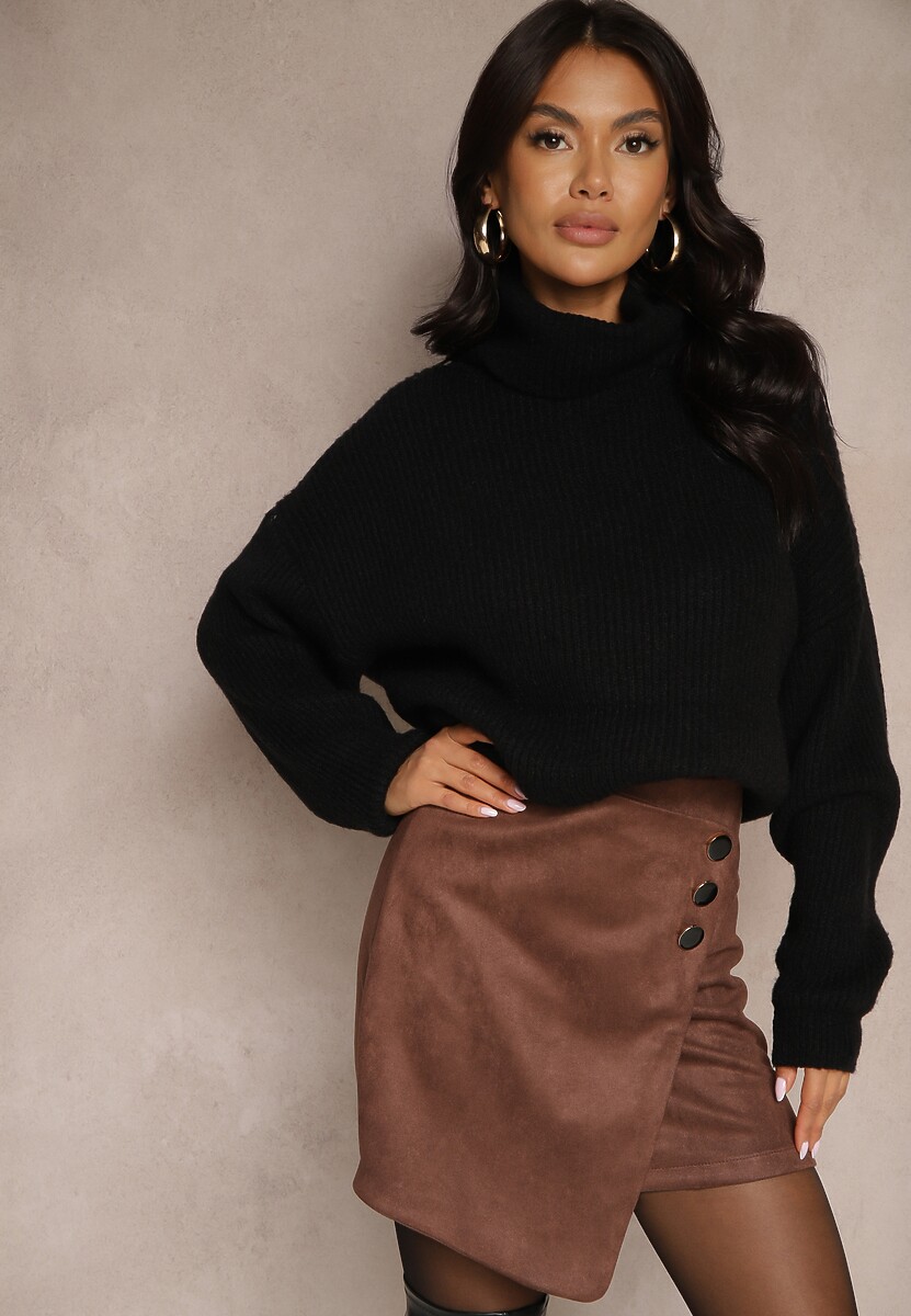 Brązowa Trapezowa Spódnica o Kopertowym Kroju z Guzikami Ilaraeth