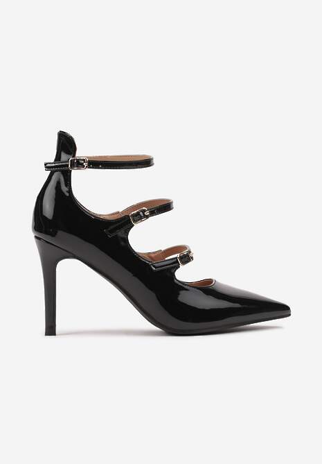 Czarne Szpilki Lakierowane Ozdobione Paskami ze Sprzączkami Armiela