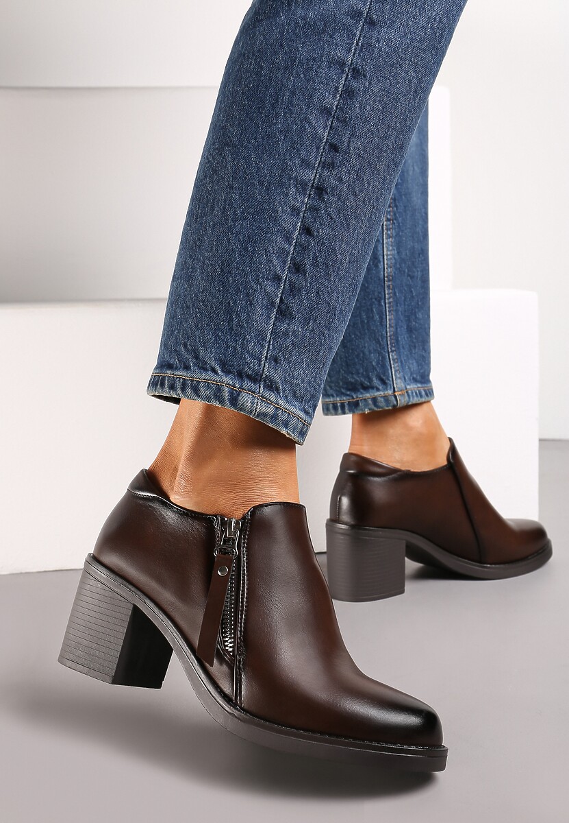 Ciemnobrązowe Półbuty na Obcasie z Krótkim Suwakiem Proctana