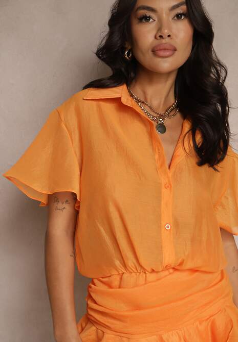 Pomarańczowa Sukienka o Koszulowym Kroju z Krótkim Rękawem Zdobiona Falbankami Mirenora