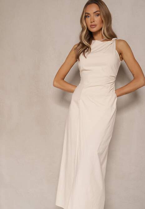 Jasnobeżowa Sukienka Dopasowana z Bawełny i Wiskozy z Rozcięciem Tunaria