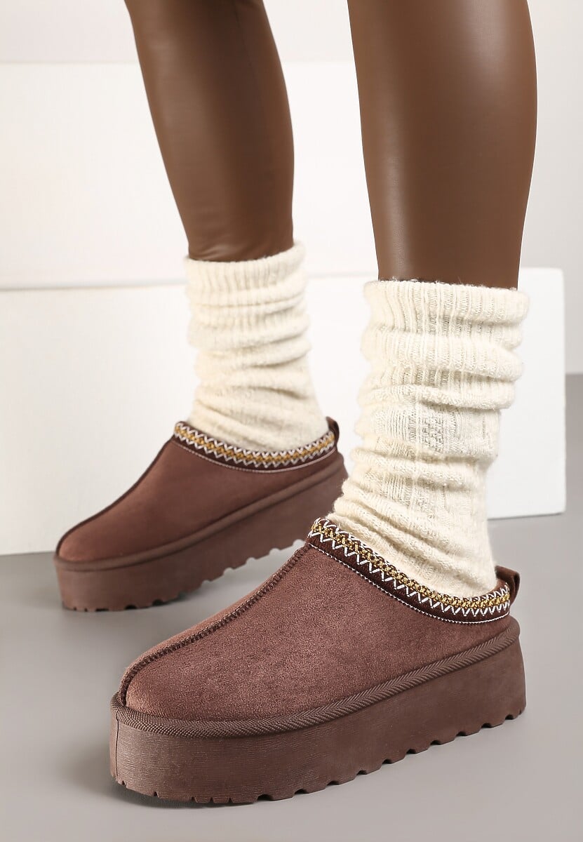 Brązowe Śniegowce na Platformie Ozdobione Haftem i Niską Cholewką Reanessa