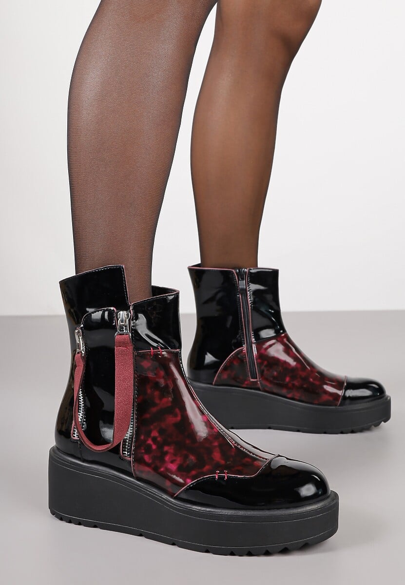 Czarno-Czerwone Botki Lakierowane Vices na Koturnie i Platformie Ozdobione Suwakiem Gattie