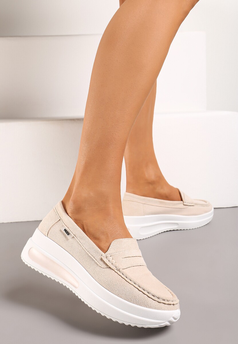 Beżowe Mokasyny z Ekozamszu na Platformie Ozdobione Paseczkiem Adrancia