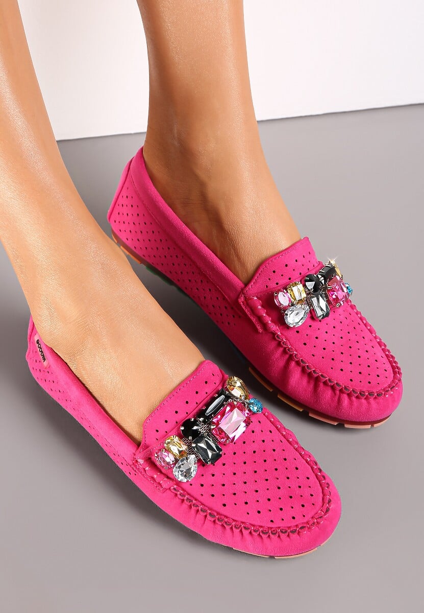 Fuksjowe Mokasyny z Przeszyciami i Ozdobą z Cyrkonii Olini