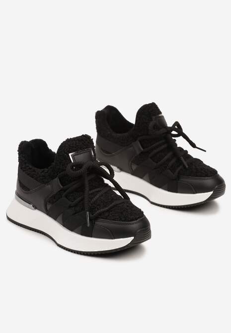 Czarne Sneakersy Zimowe z Futerkiem Barankiem na Niskiej Platformie Zinethia