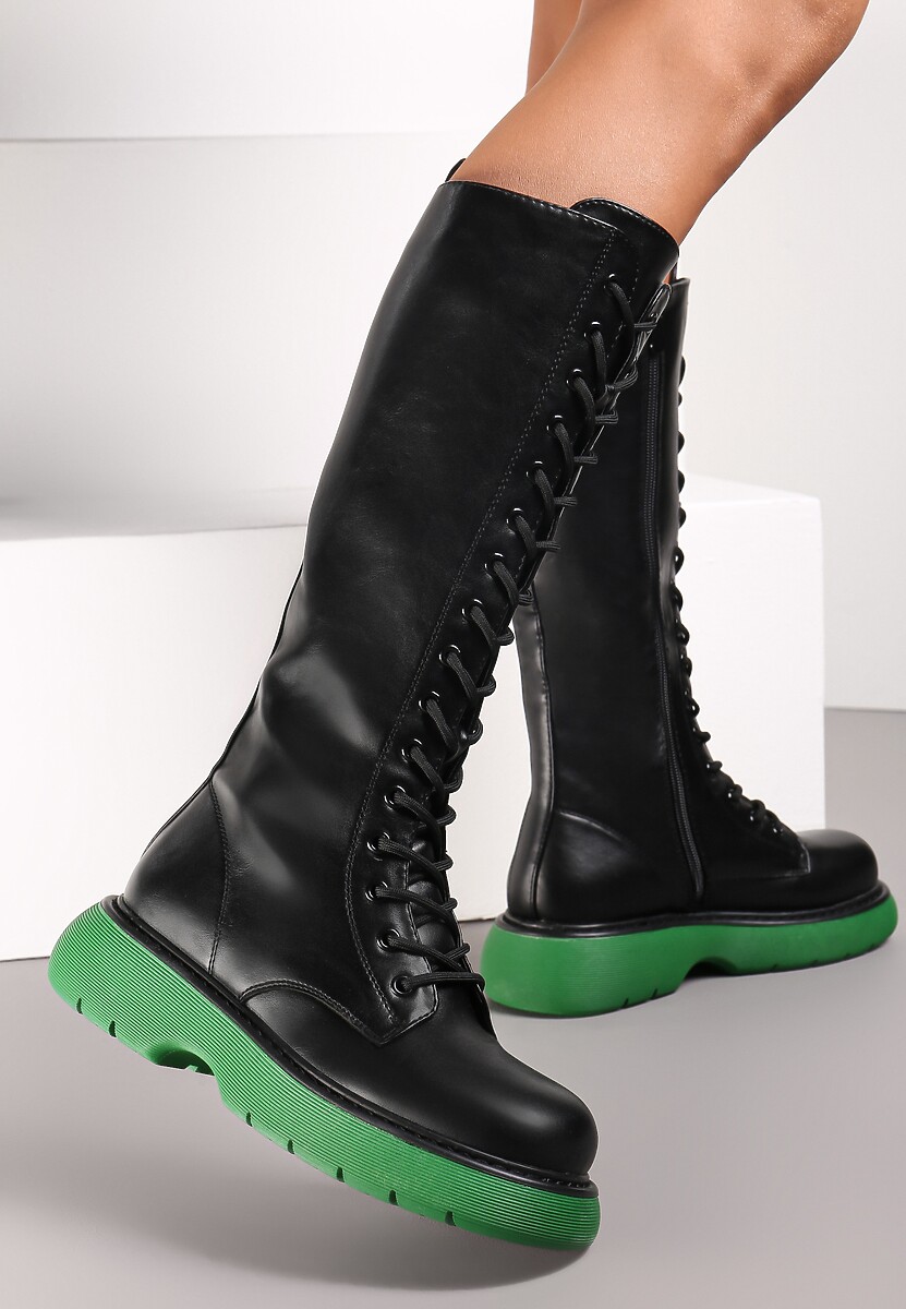 Czarno-Zielone Kozaki Sznurowane na Grubej Podeszwie Zolmi