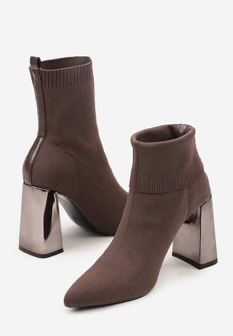 Brązowe Botki Vices na Słupku ze Skarpetową Cholewką Falacesa
