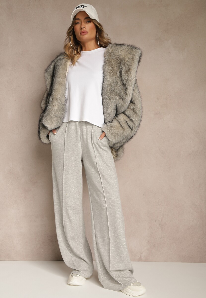 Jasnoszare Spodnie z Wiskozą o Szerokim Kroju Ozdobione Kantem Belhira