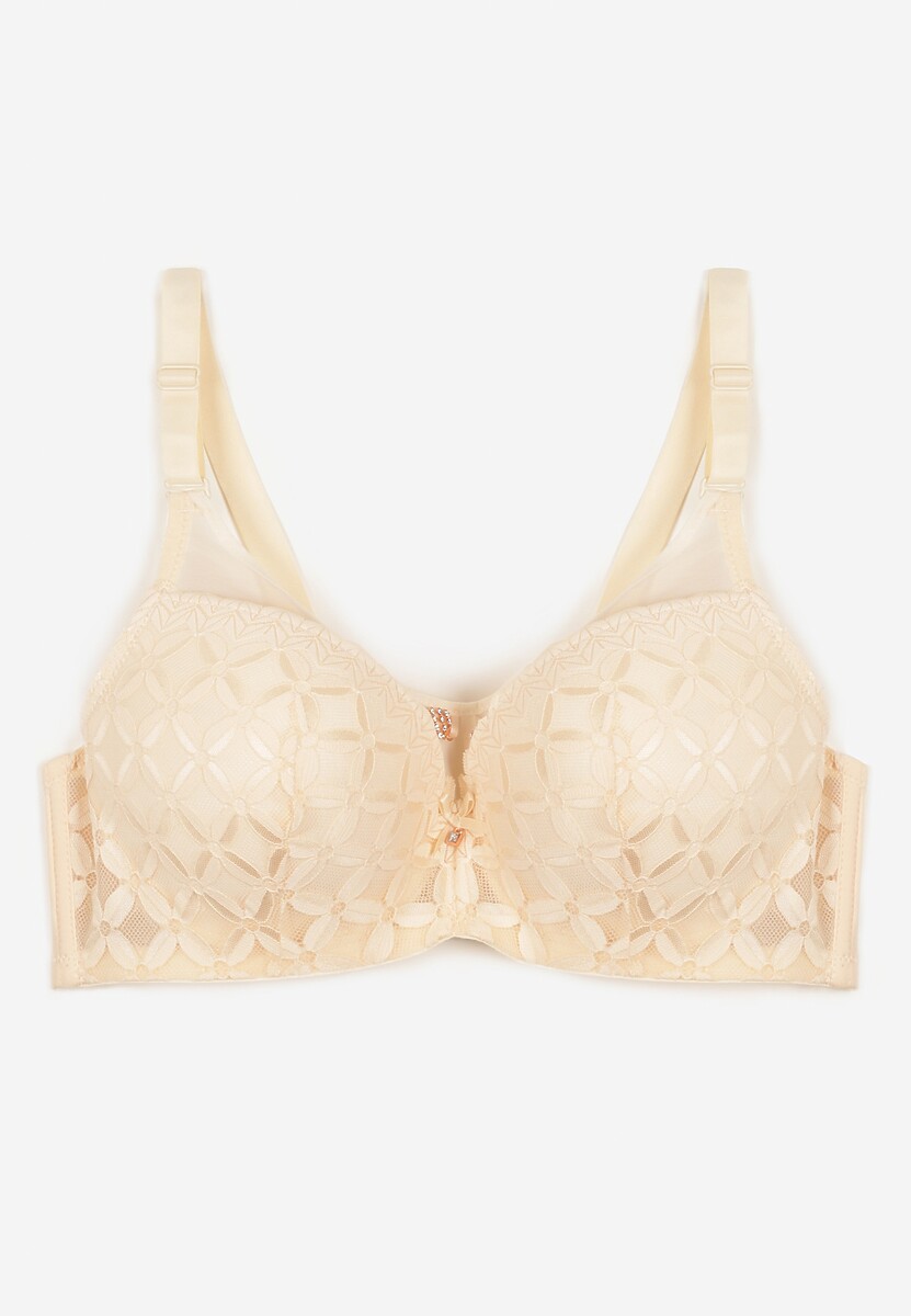 Beżowy Biustonosz o Kroju Full Cup Push-Up Zdobiony Geometrycznym Wzorem Zoliri
