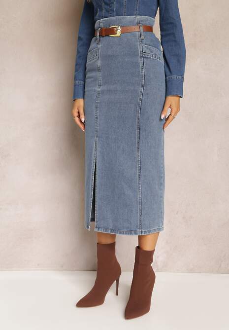 Granatowa Jeansowa Spódnica Ołówkowa z Dodatkowym Paskiem Caladyn
