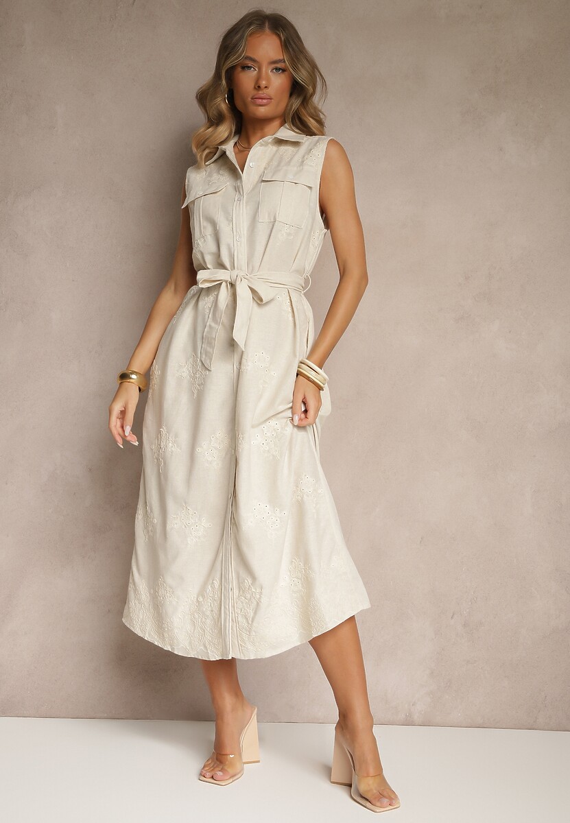 Beżowa Bawełniana Sukienka Koszulowa z Paskiem Kolivessa