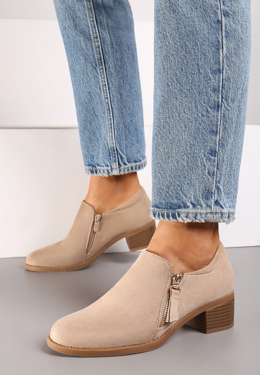 Ciemnobeżowe Półbuty na Słupku z Niską Cholewką Ozdobioną Suwakiem Ansolee