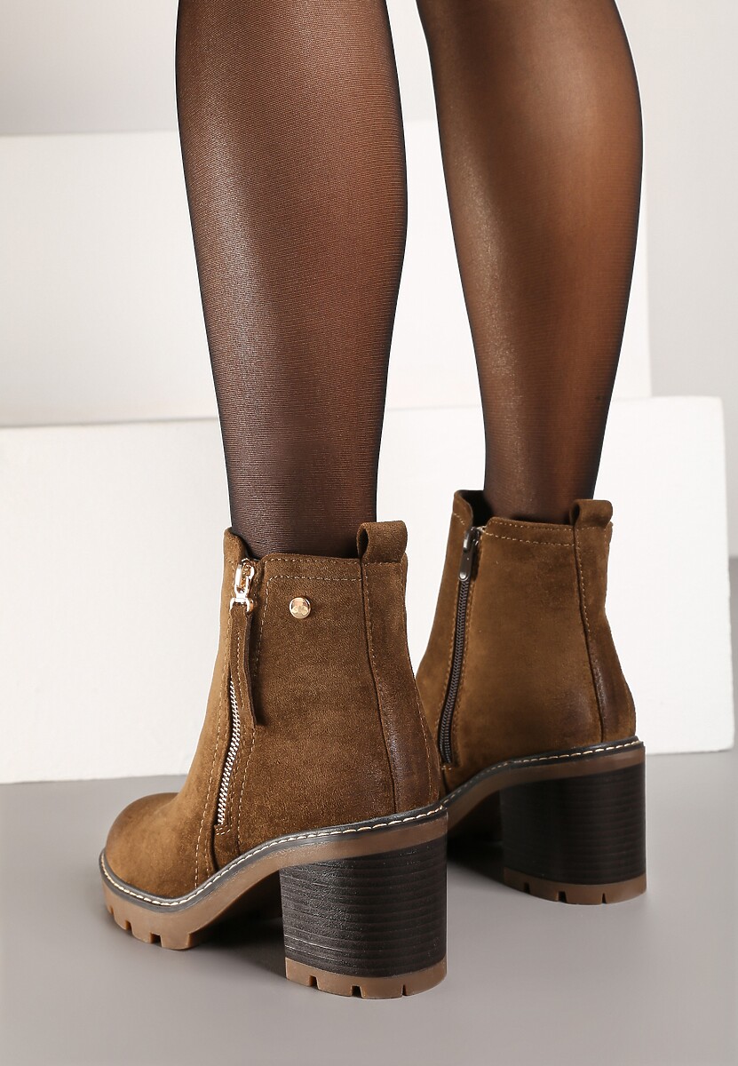 Ciemnobrązowe Botki na Słupku Boho z Suwakiem Kodra