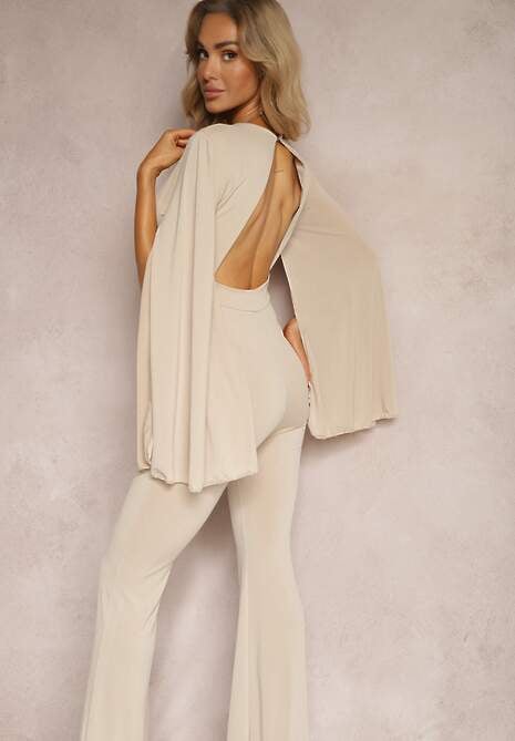 Beżowy Dopasowany Kombinezon z Rozkloszowanymi Rękawami i Głębokim Dekoltem Andrika