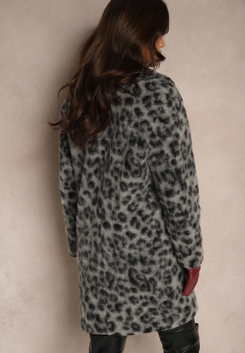 Szary Panterkowy Płaszcz Dwurzędowy z Wsuwanymi Kieszeniami Niarelith