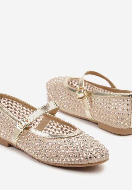 Złote Balerinki z Siateczkową Cholewką z Cyrkoniami Adislena