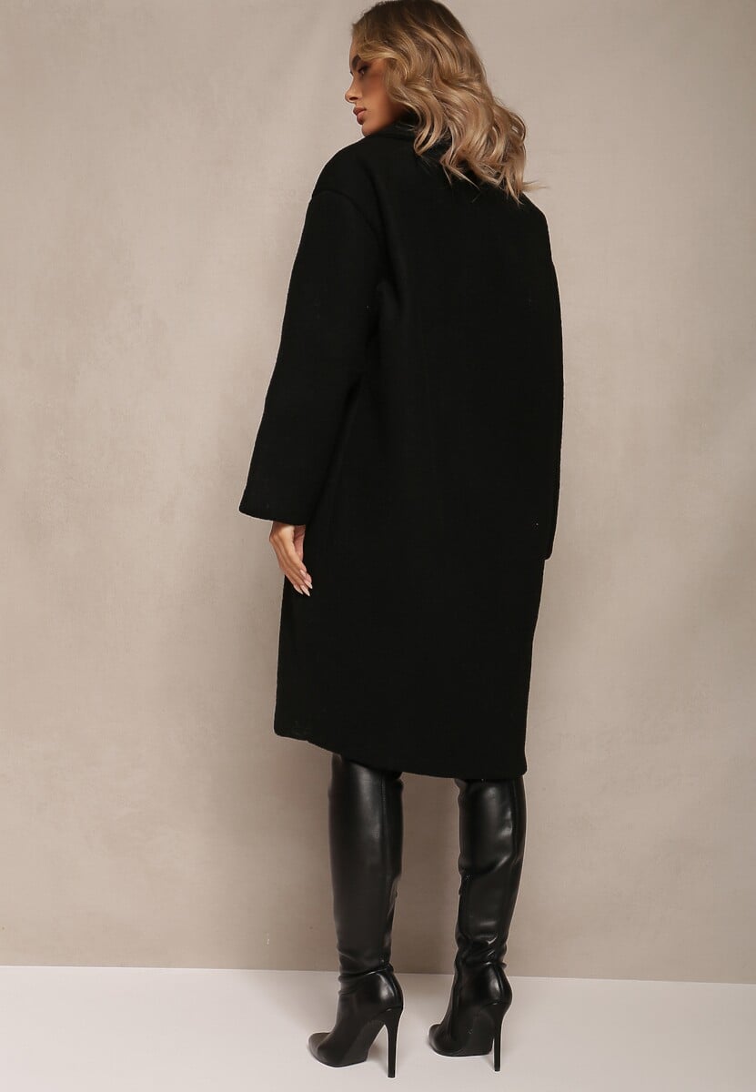 Czarny Dwurzędowy Płaszcz Oversize z Wełną Spolete
