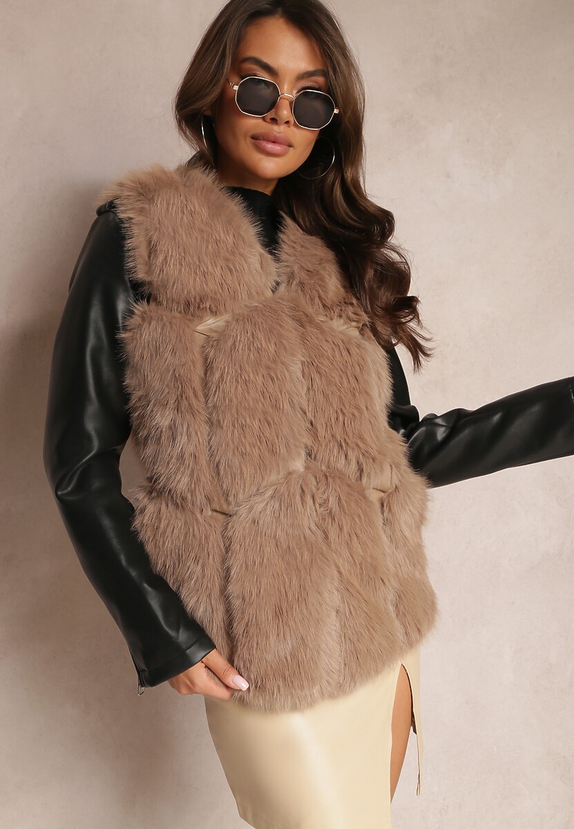 Szara Futrzana Kamizelka z Wstawkami z Ekoskóry Lewja