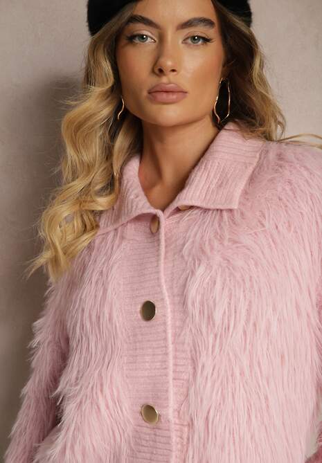 Jasnofioletowy Kardigan z Wełną Zapinany na Ozdobne Guziki ze Stójką i Puszystą Fakturą Zinavia