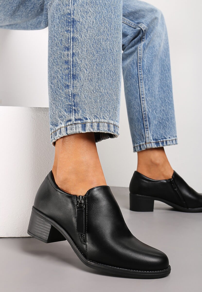 Czarne Półbuty na Niskim Obcasie z Suwakami Vovella