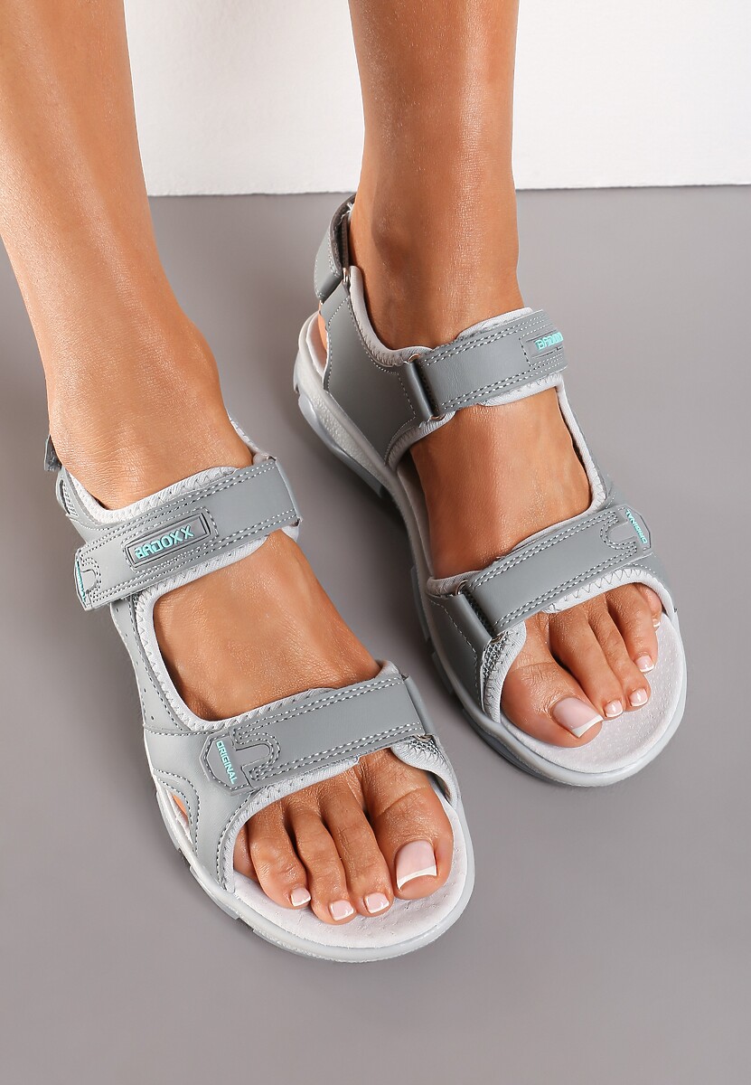 Szaro-Miętowe Płaskie Sandały ze Skórzaną Wkładką i Zapięciami na Rzepy Tesama