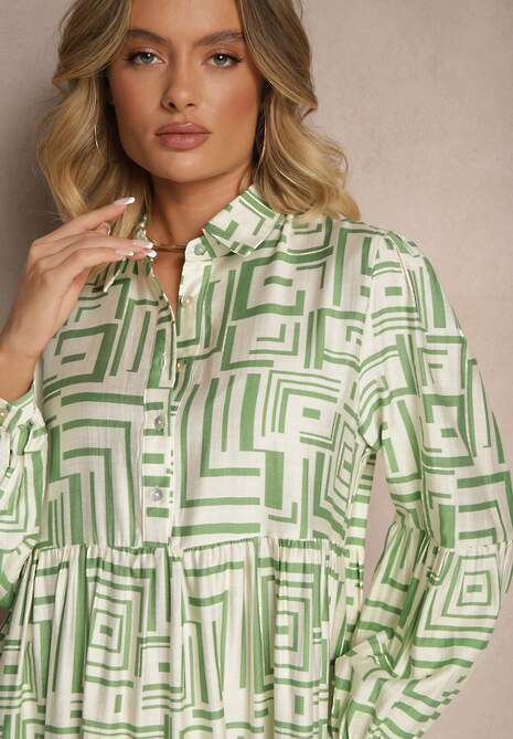 Zielona Rozkloszowana Sukienka z Wiskozą w Geometryczny Print Apirestia
