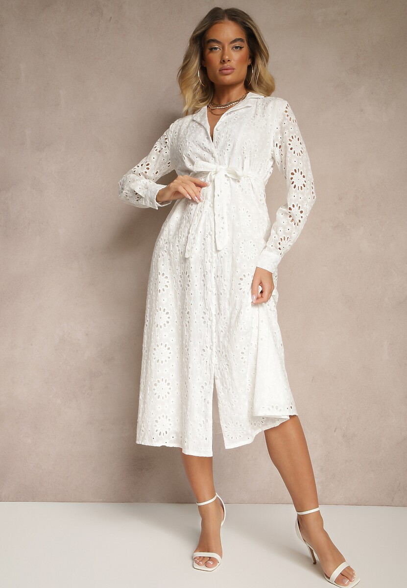 Beżowa Ażurowa Sukienka Koszulowa Ozdobiona Paskiem Tananilia