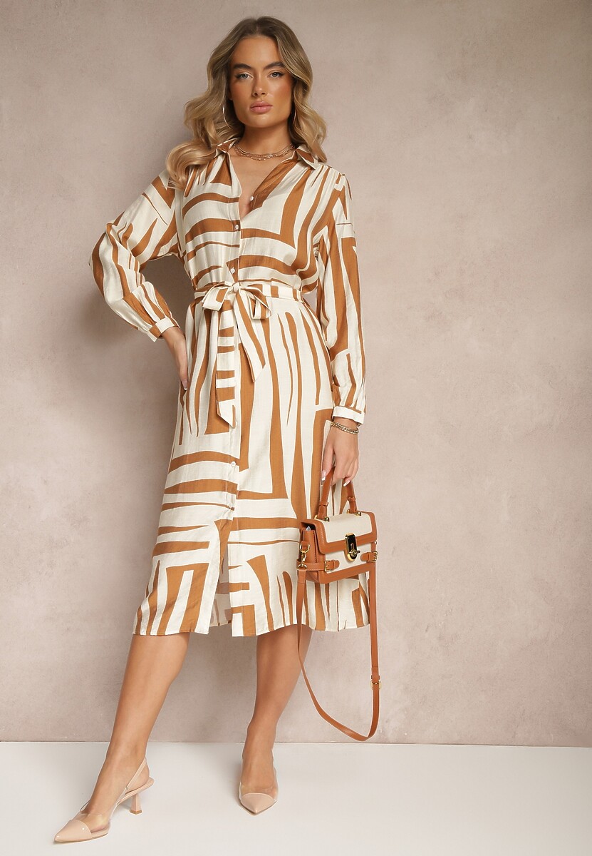 Zielona Sukienka z Wiskozą o Koszulowym Kroju w Geometryczny Print Ninatria