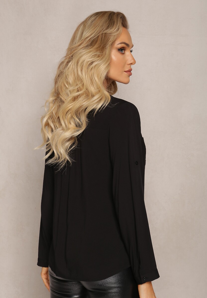 Czarna Bluzka z Wiskozy z Kieszeniami i Guzikami przy Dekolcie Somaile