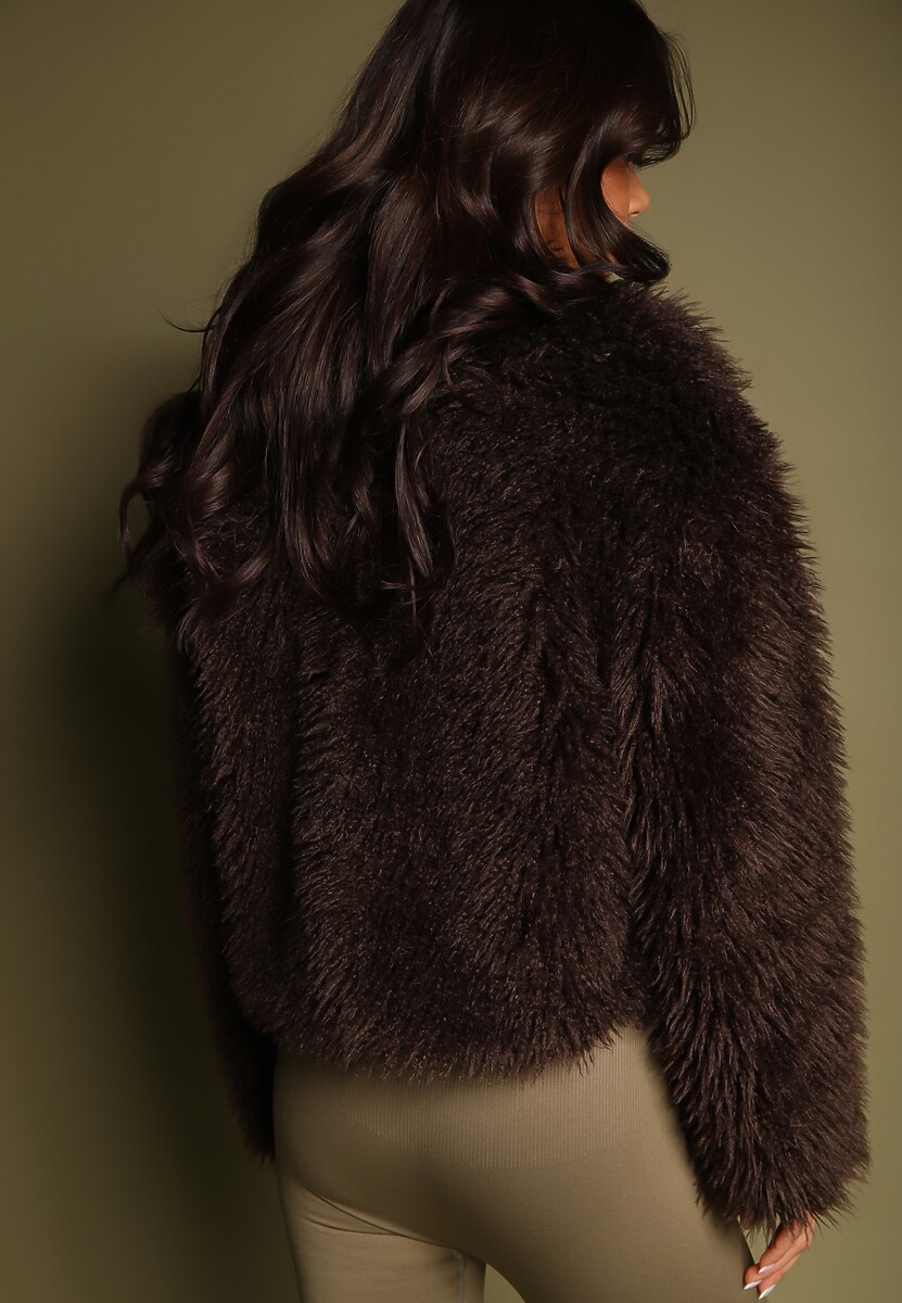 Brązowa Krótka Kurtka Futerko z Szerokim Kołnierzem Areti