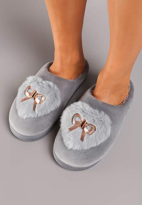 Szare Kapcie na Płaskiej Podeszwie z Kokardą Lerilina