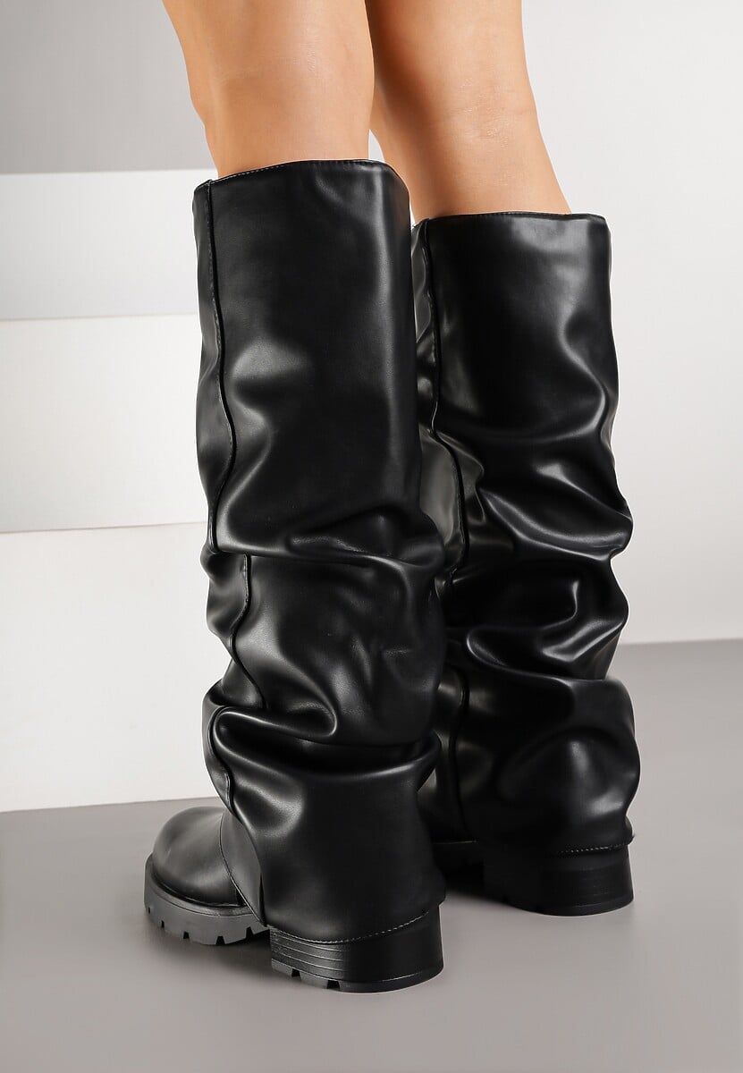 Czarne Marszczone Kozaki z Cholewką Imitującą Nogawkę Nalomassa