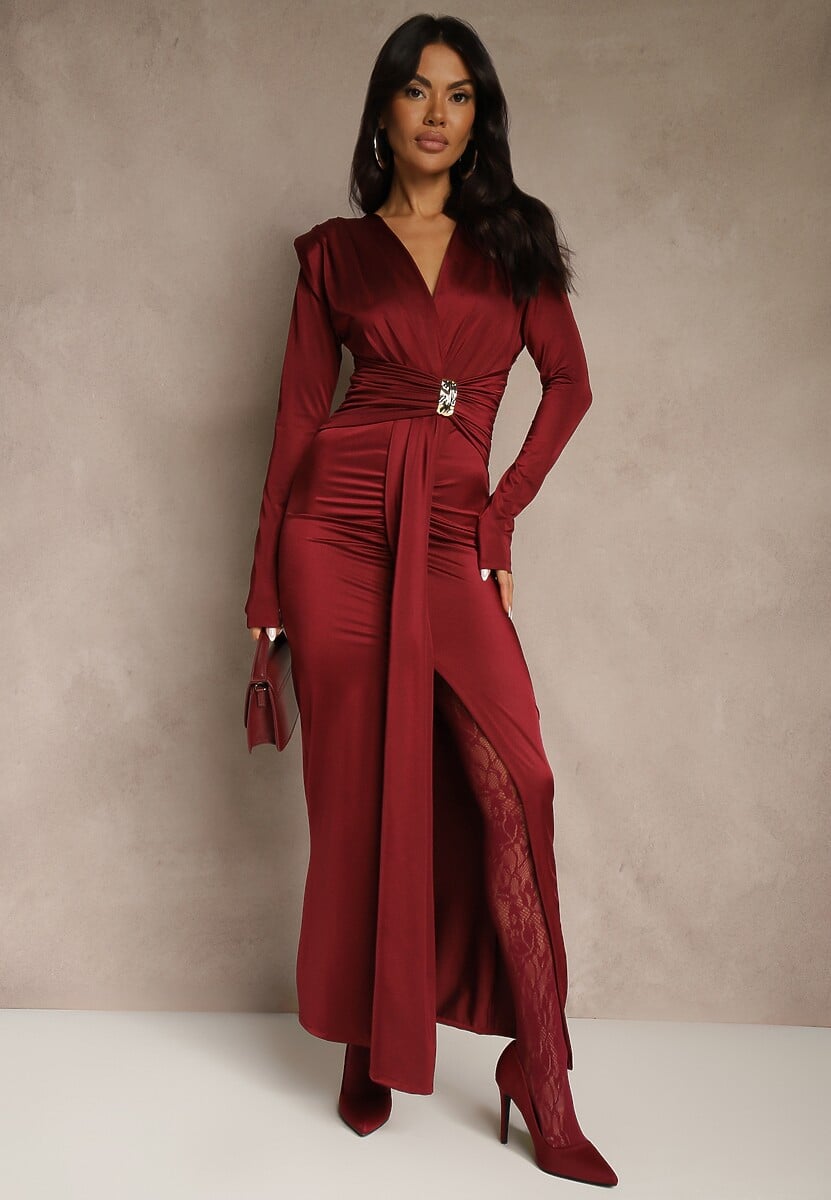 Bordowa Koktajlowa Sukienka z Rozcięciem na Nogę Zdobiona Trenem Atirga